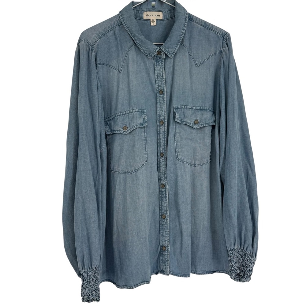 Cloth & Stone Chambray Button Up Shirt 2X Denim Boho  Collared Smocked Cuffs
